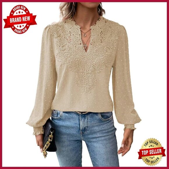 Tops - Swiss Dot Chiffon Blouse Long Sleeve V Neck Flowy Lace Hem